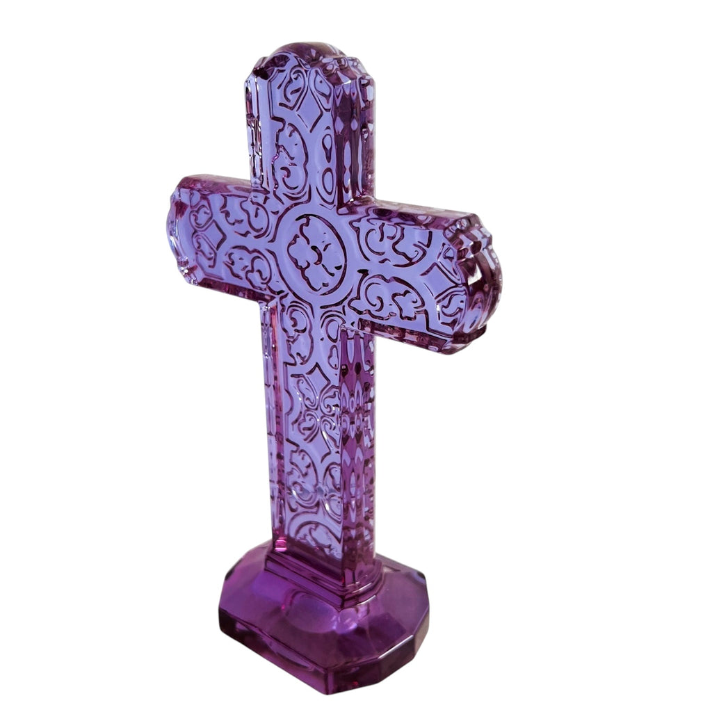 Religious Cross Standing Purple Crystal Art Glass Statue