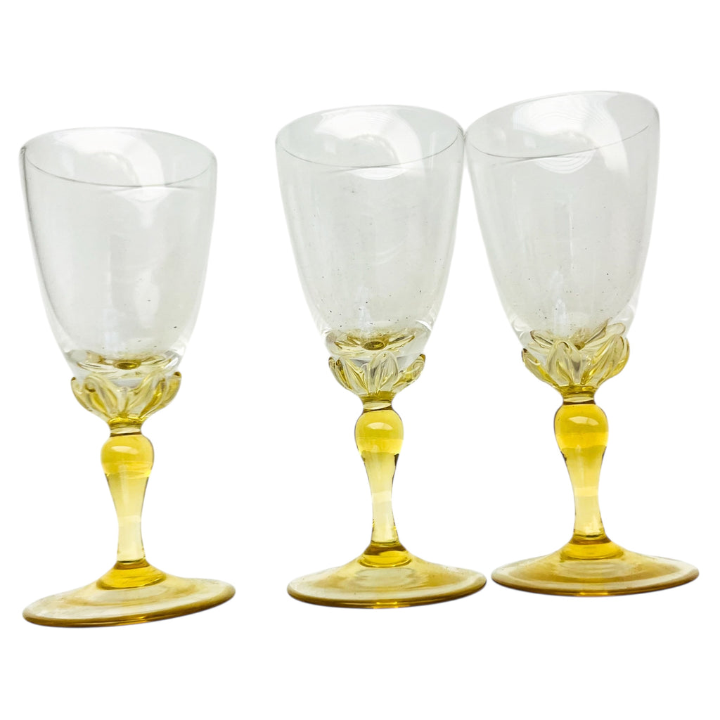 Vintage Amber Yellow Clear Stem Glasses Set of 3