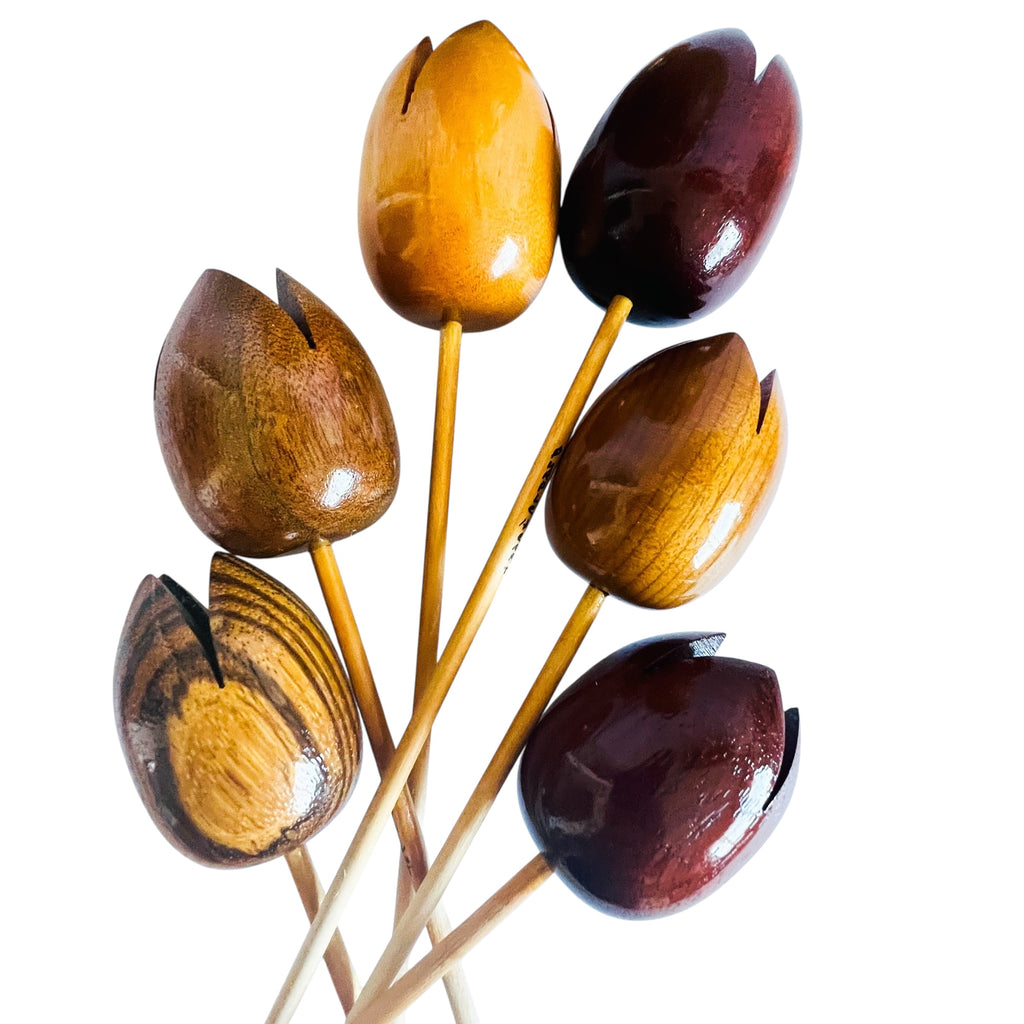 Vintage Myrtle Wood Vase with Six Individual Tulip Wood Flowers