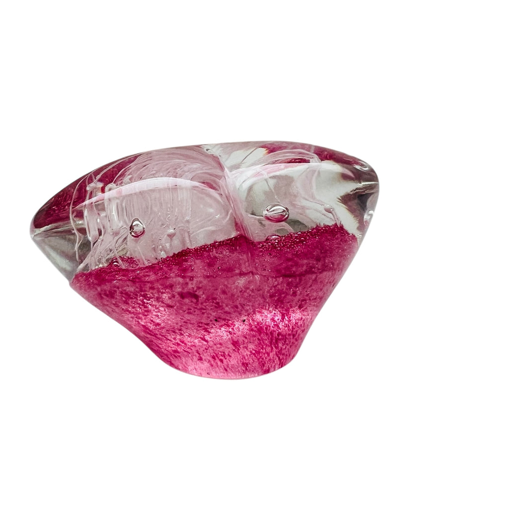 Pink Glass Heart Shaped Clear Flower Paperweight