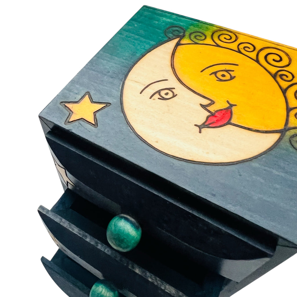 Vintage Sun Moon & Stars Wood Jewelry Trinket Box