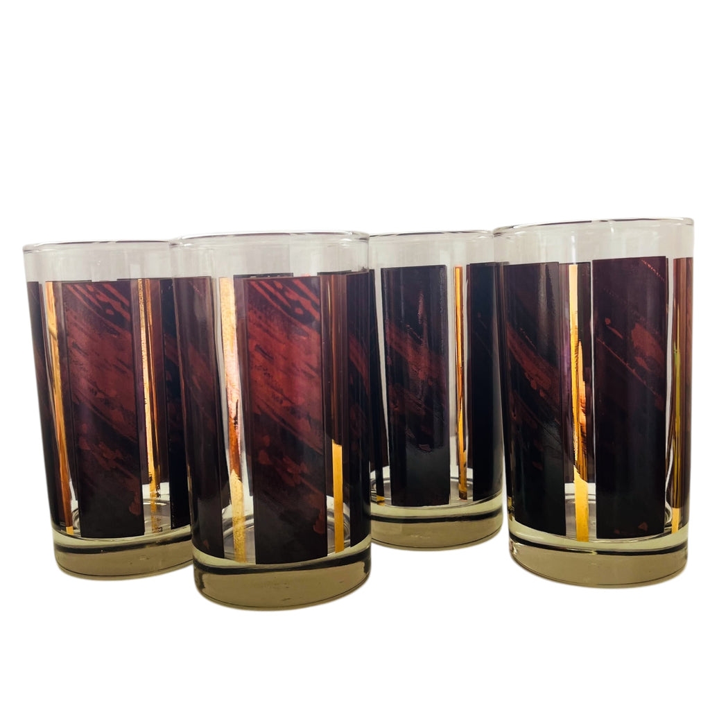 Vintage Libbey Brown Wood Grain Gold Stripe Drinking Glasses Set Of 4