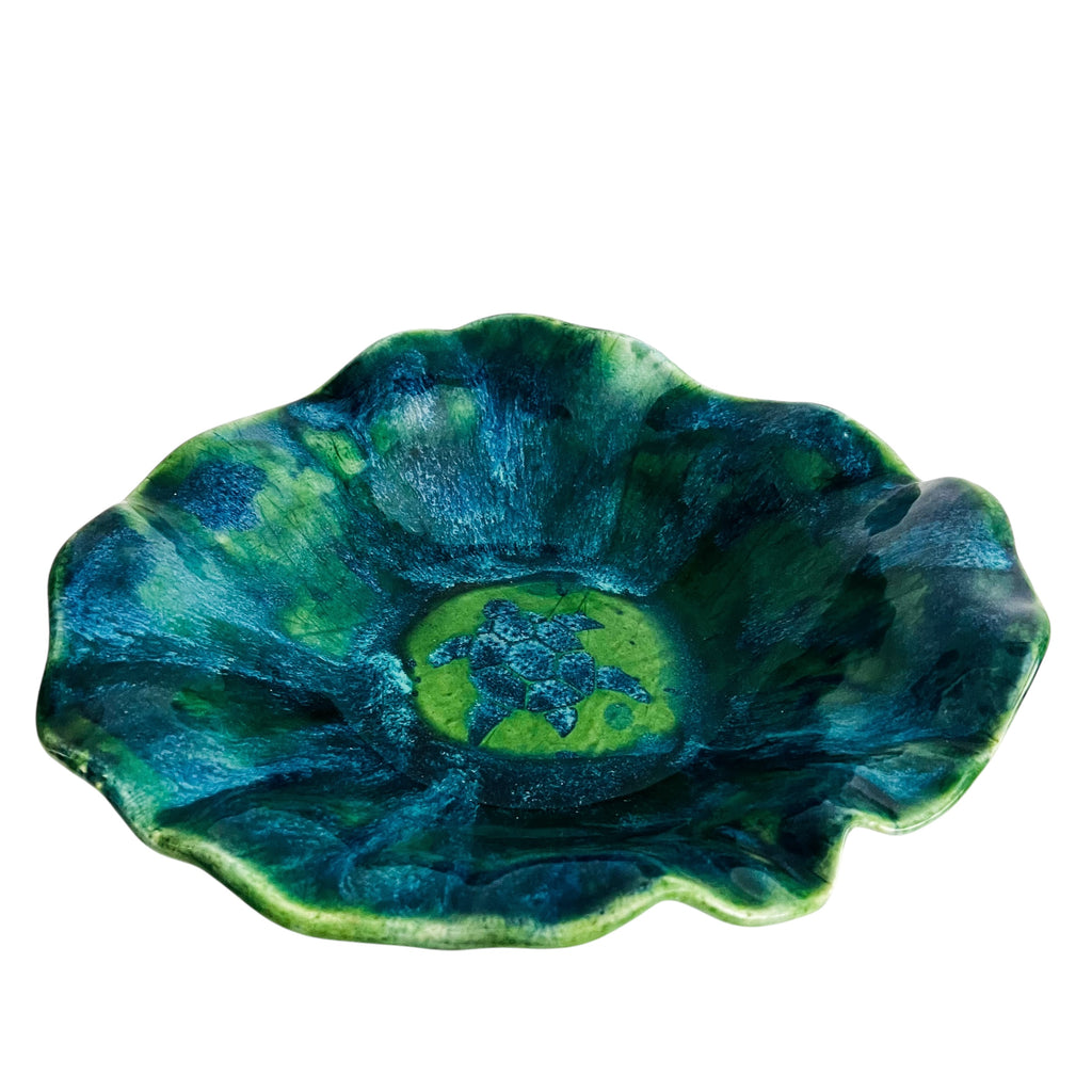 Vintage Kerr Maui Studio Pottery Art Turtle Blue & Green Glaze Wavy Edge Bowl