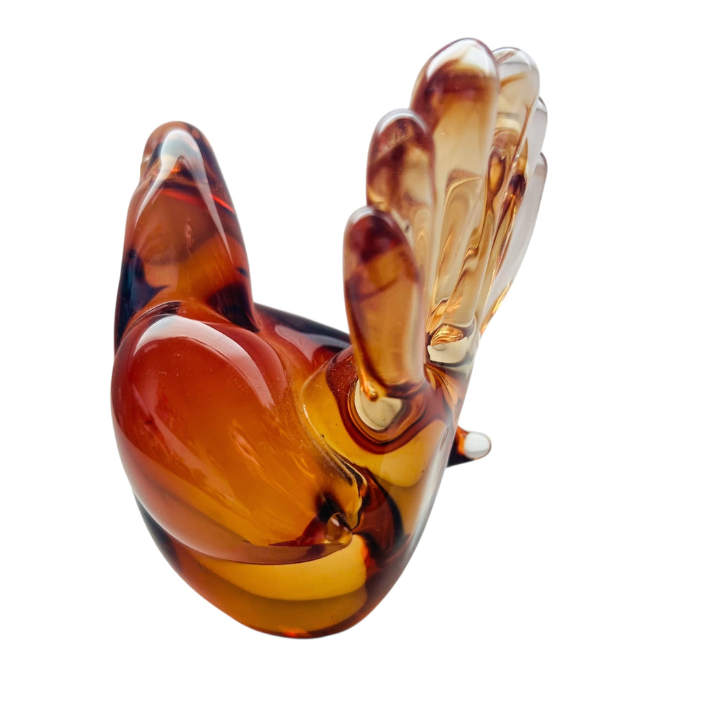 Vintage Art Glass Amber Orange Feather Bird