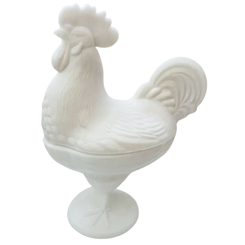 Vintage Rooster Milk Glass Lidded Dish