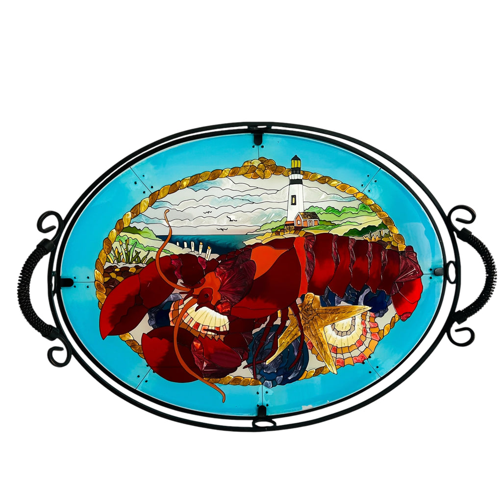 Joan Baker Designs Lobster Lighthouse Stained Glass Buffet Serving Tray