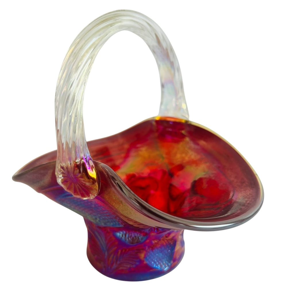 Vintage Fenton Clear Handle Red Carnival Mini Basket