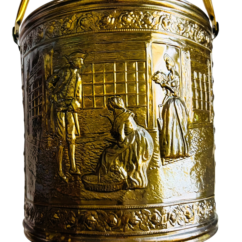 Vintage Brass Colonial Scene for Coal or Firewood Brass Bucket with Handle