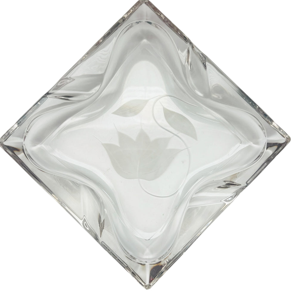 Vintage Clear Thick Glass Ashtray with Etched Flower