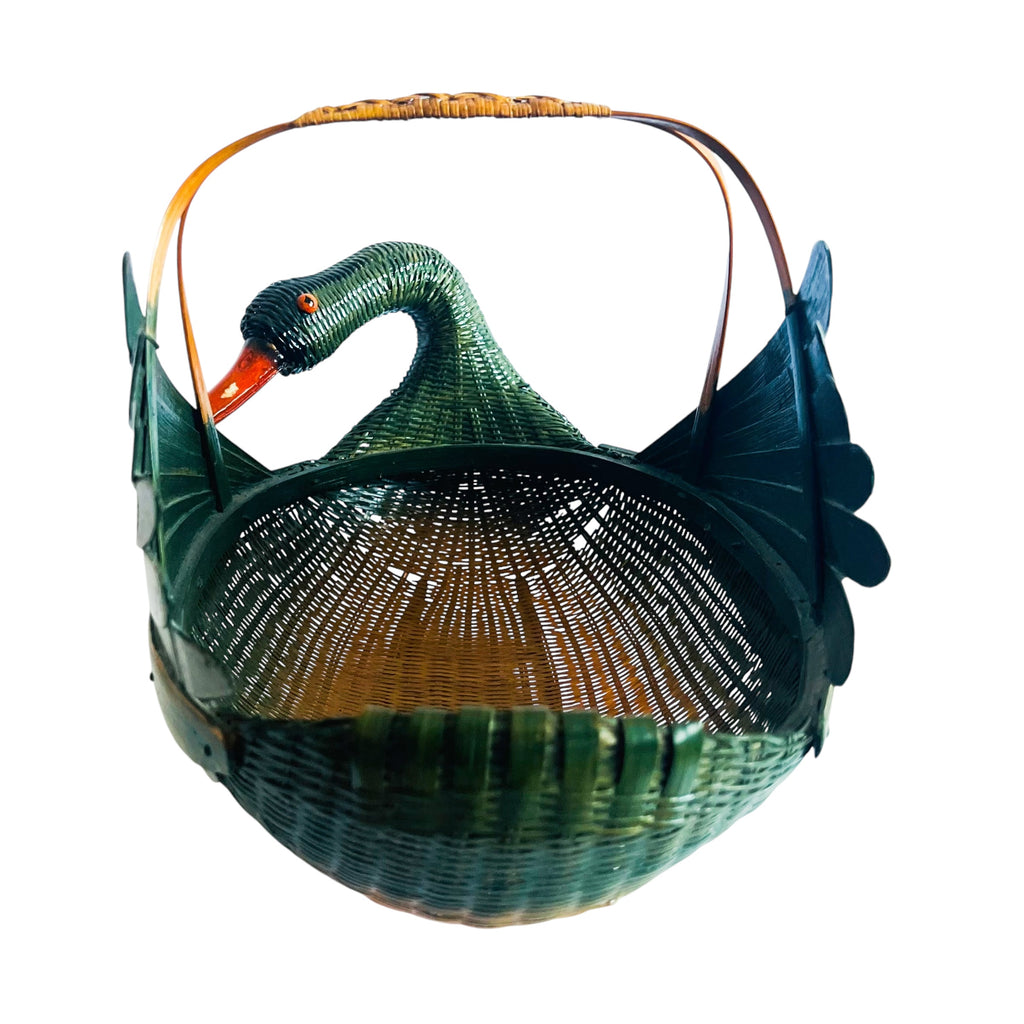 Vintage Zheijiang Ben Rickert INC Wicker Green Swan Basket