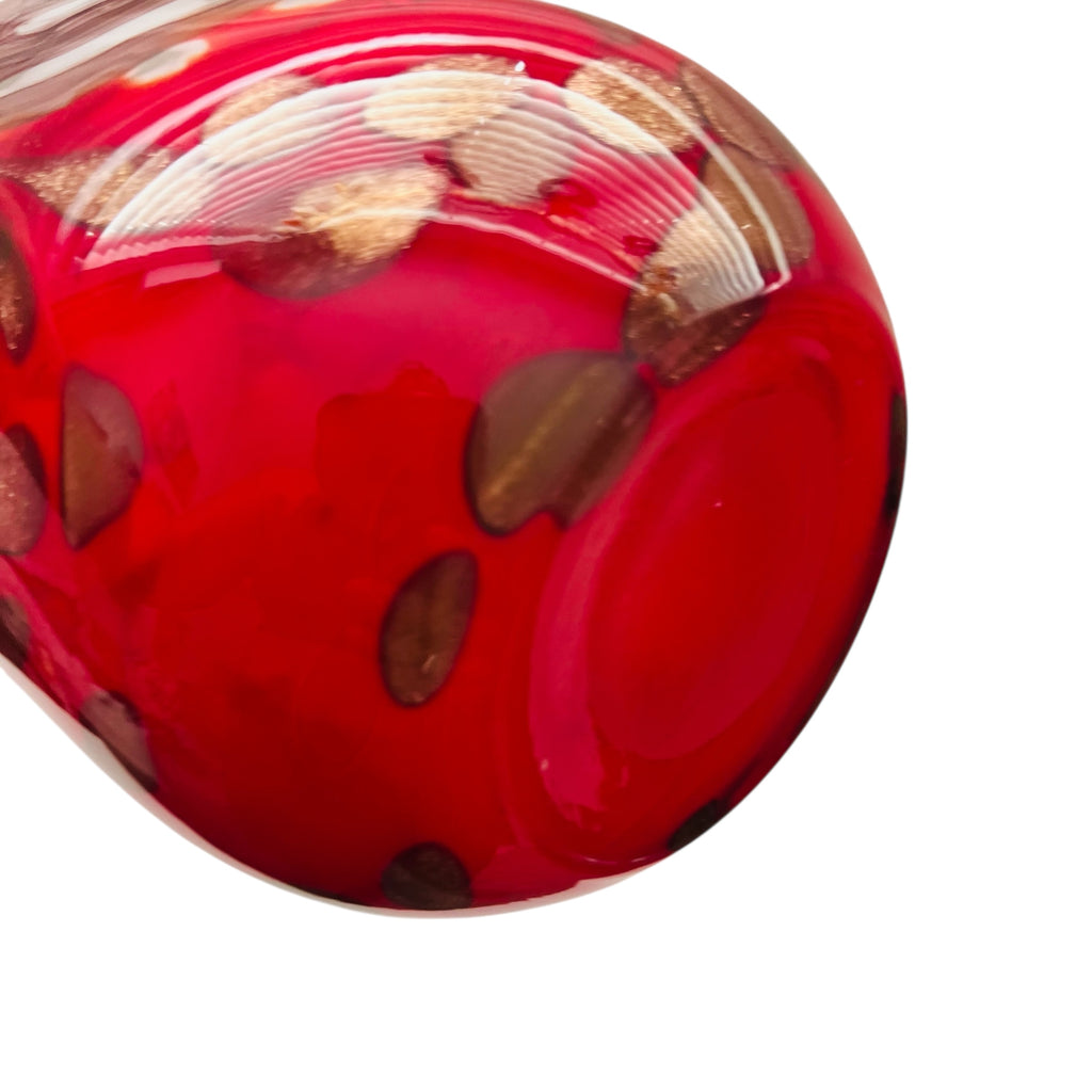 Vintage Art Red Glass Red and White Gold Swirled Ruffle Vase