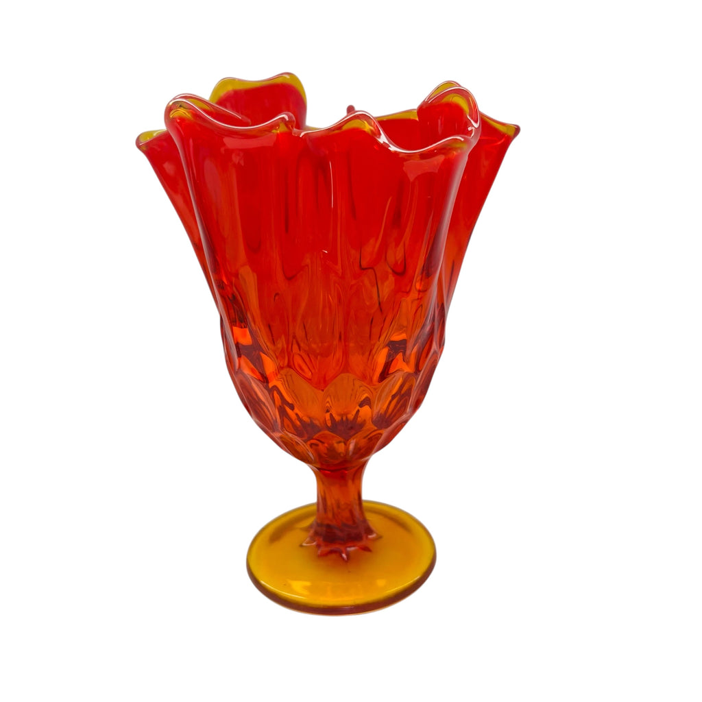 Vintage Fenton Thumbprint Orange Glass Pedestal Amberina Handkerchief Vase