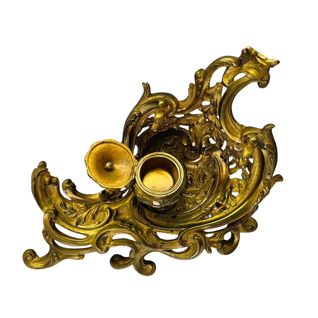 Antique Brass Desk Ink Well Ornate Footed Hinged Lid