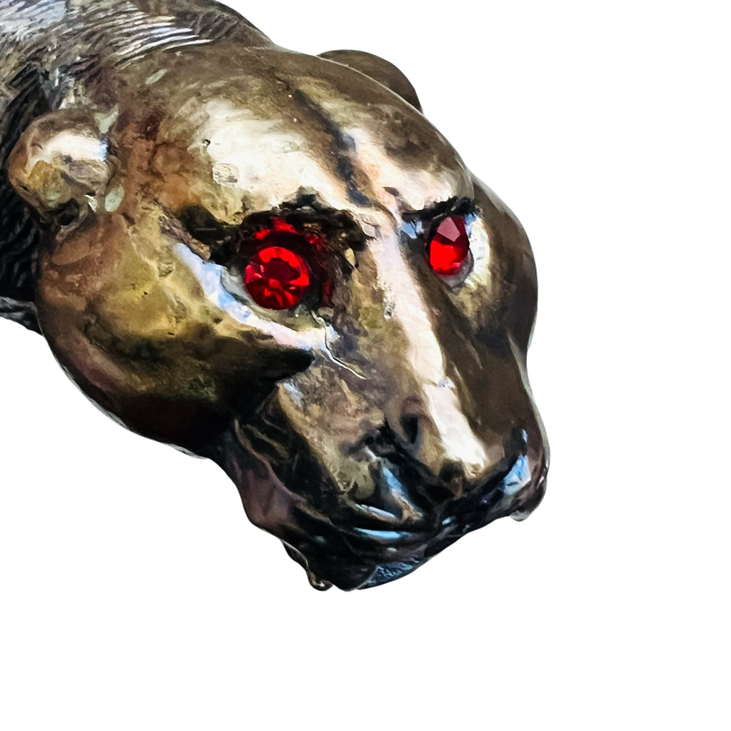 Vintage Bronzed Rustic Red Jeweled Eye Panther Signed Will P. Sculpture Figure