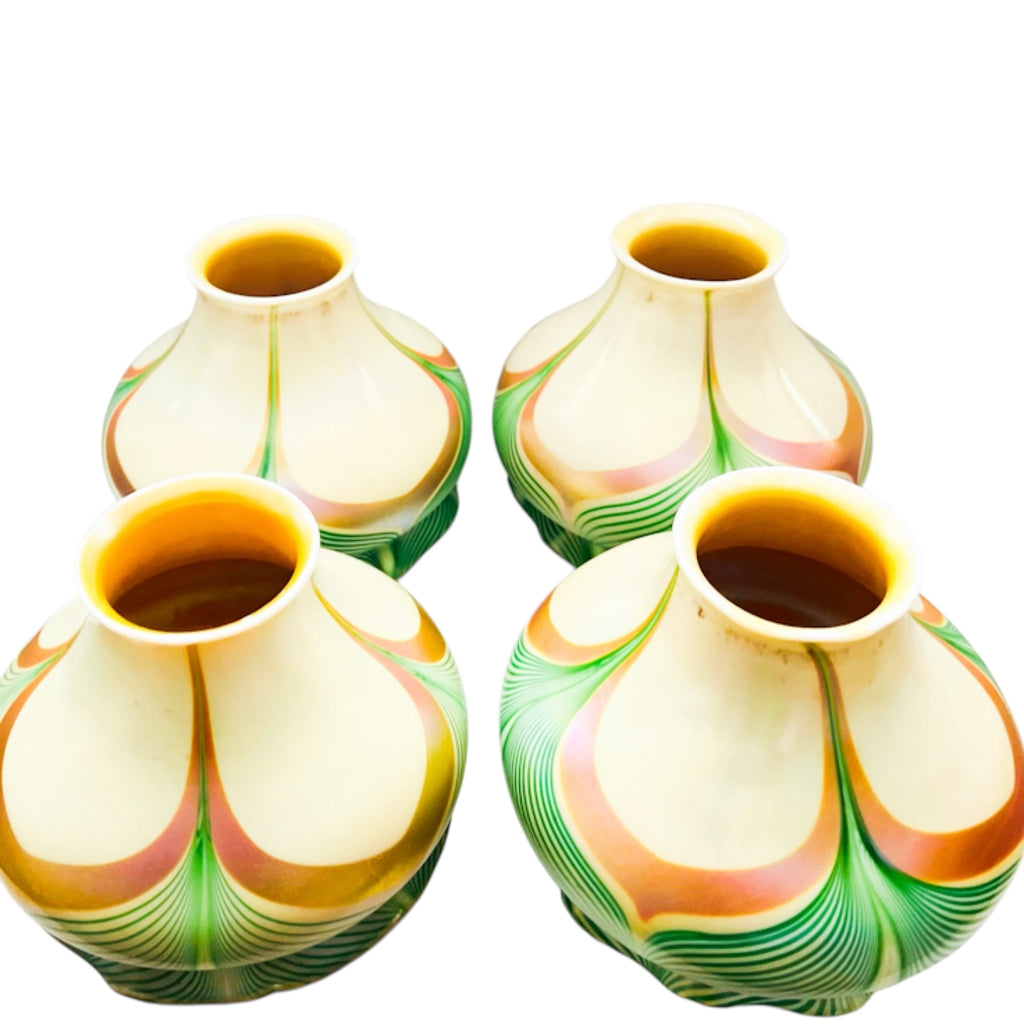 Antique Steuben Decorated Art Glass Shades with Green Feathering Trimmed in Gold Aurene Set of 4