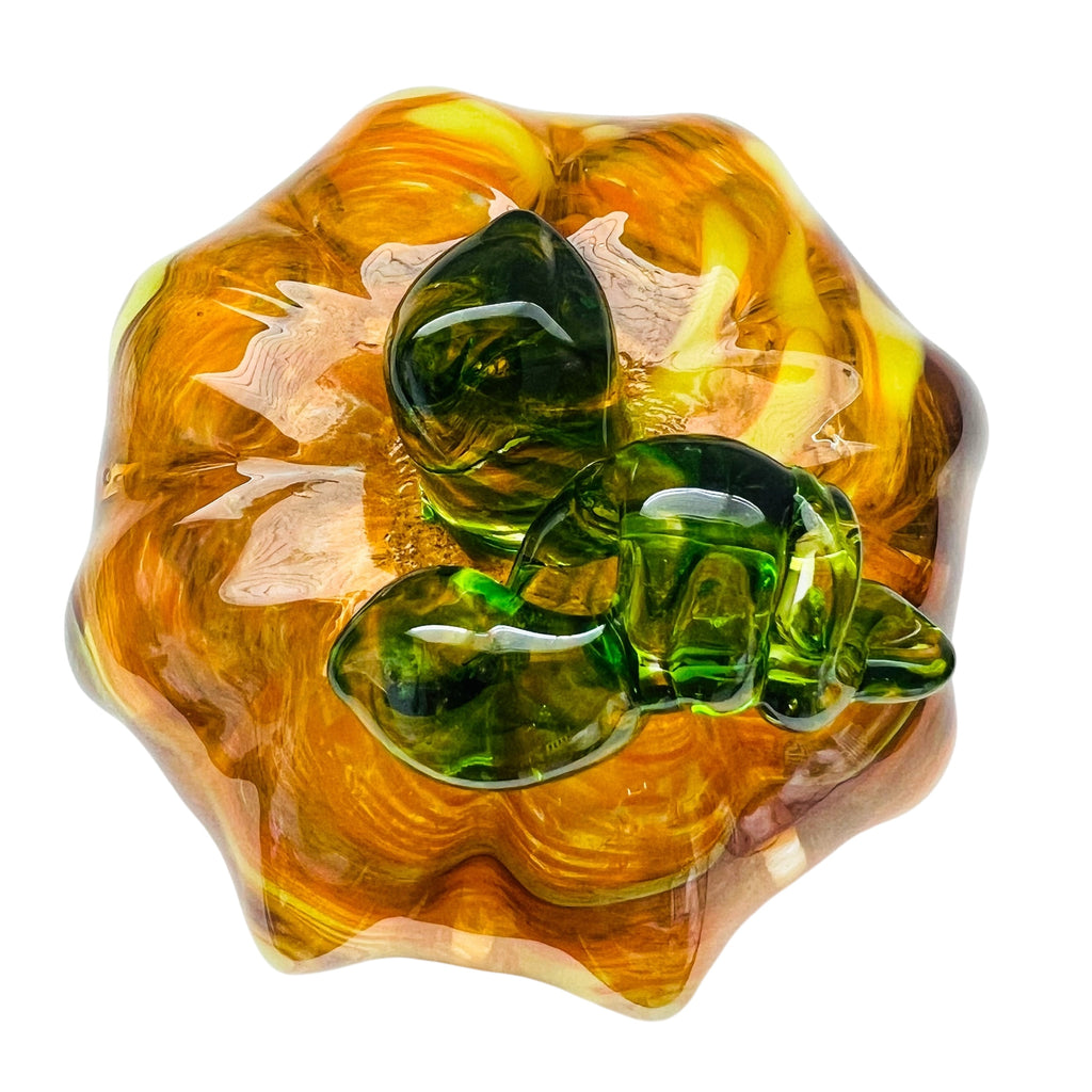 Pumpkin Art Glass Swirled Green Leaf Paperweight