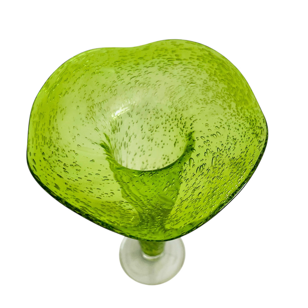 Vintage Ruffle Edge Bubble Green Clear Footed Art Glass Vase