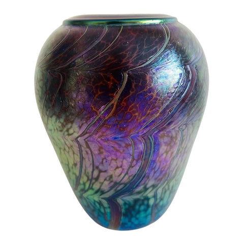 Vintage Jim Bush 1991 MultiColored Iridized Rim-Capped Art Glass Signed Vase