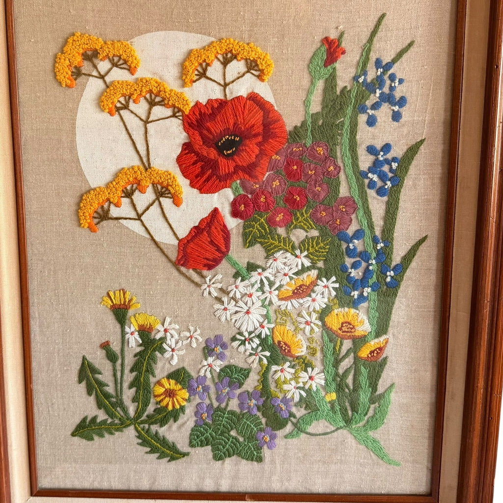 Vintage Crewel Embroidery Flowers Glass Framed Wall Art