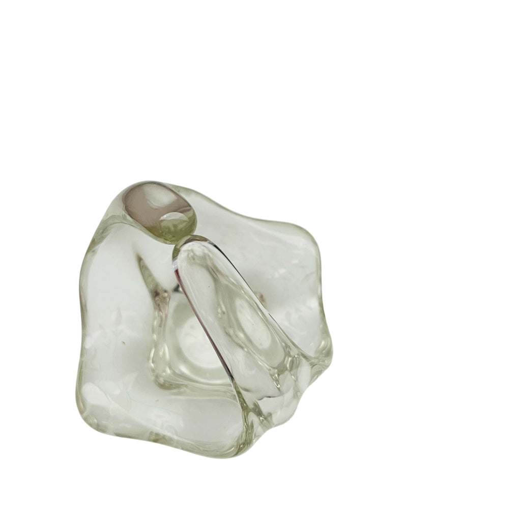 Vintage Clear Art Glass Basket Vase Hand Blown Glass Split Handle