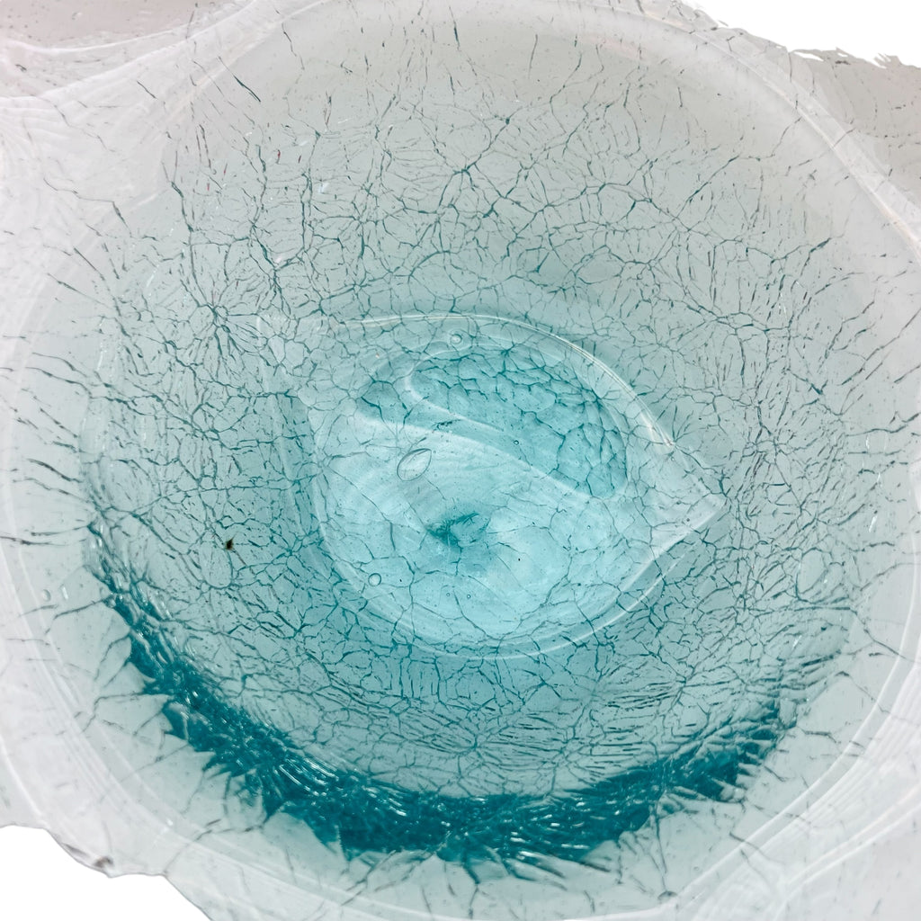 Vintage Hand Blown Sky Blue Crackle Ruffled Wavy Top Rim Art Glass Bowl