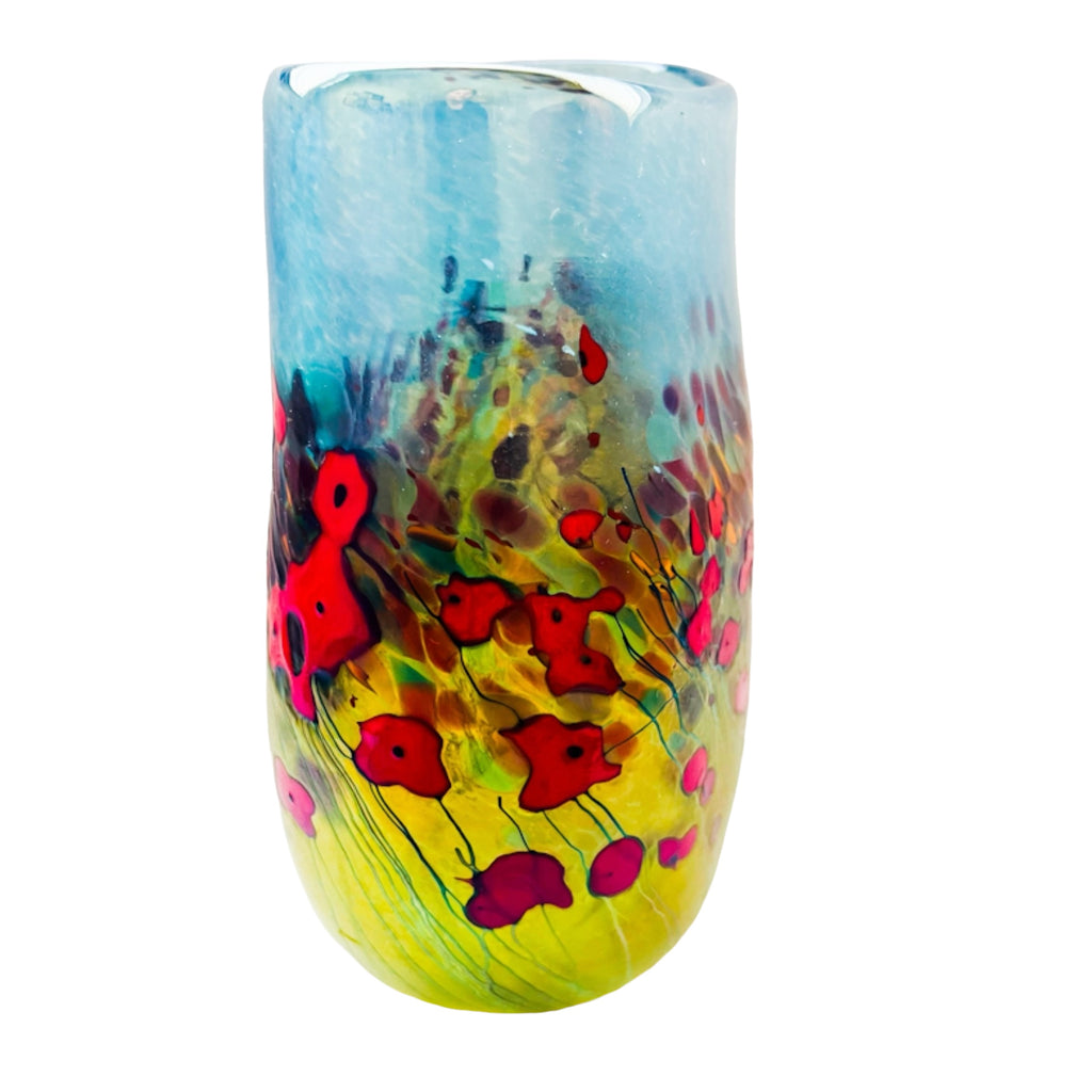 Robert Held Art Red Poppies Amber Blue Glass Signed Vase