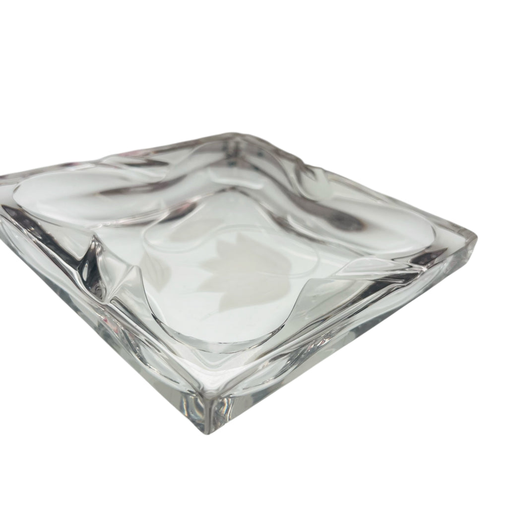 Vintage Clear Thick Glass Ashtray with Etched Flower