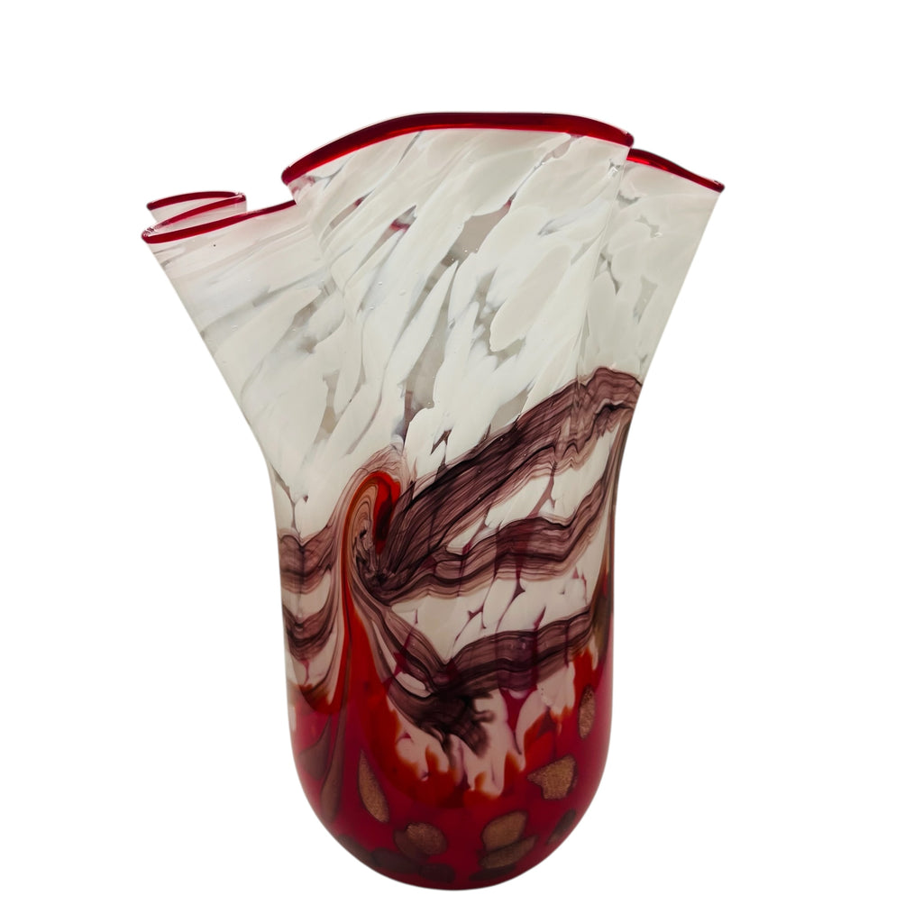 Vintage Art Red Glass Red and White Gold Swirled Ruffle Vase