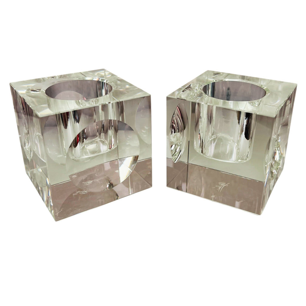 Vintage OLEG CASSINI Crystal Square Votive Holder Signed -Pair