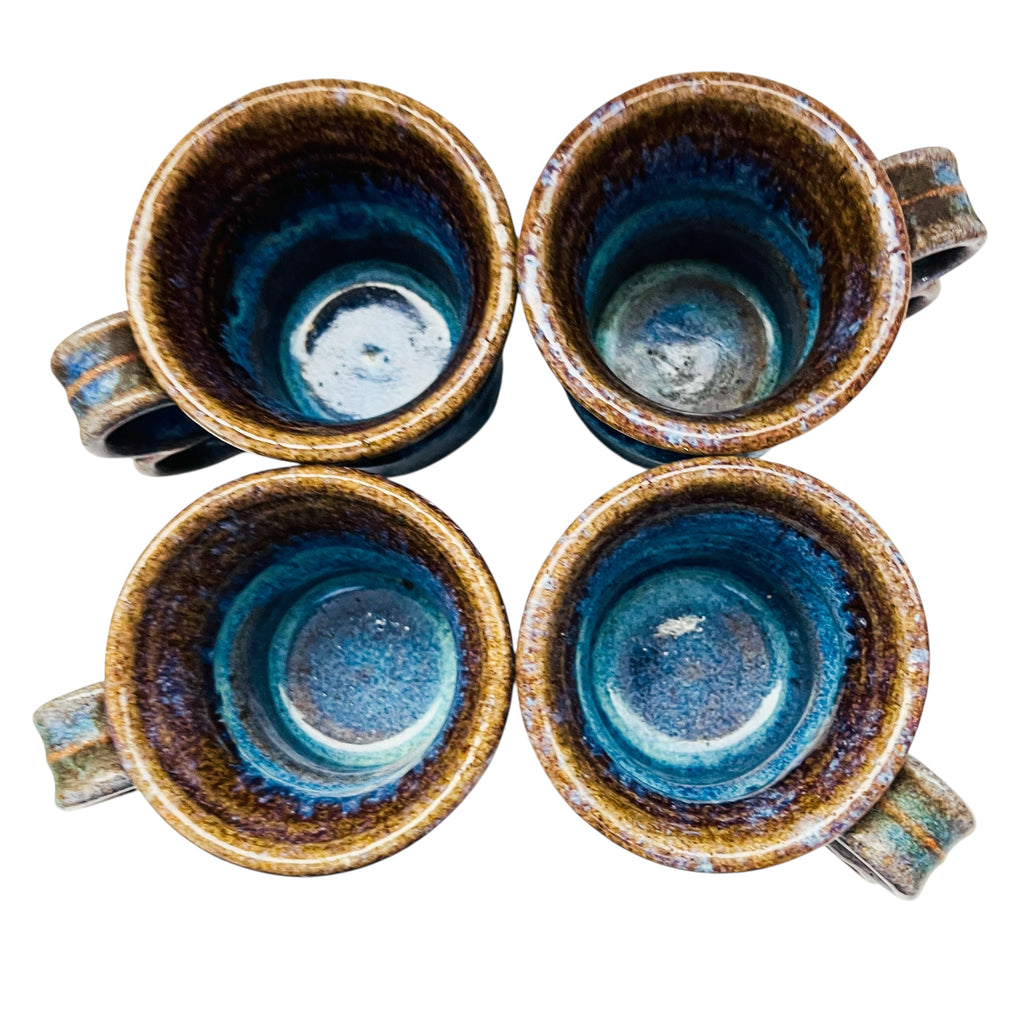 Studio Art Pottery Blue Drip Glaze Stoneware Mugs Set