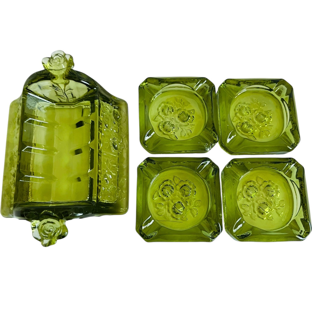 Vintage Fenton Green Glass Rose Flower Design Square Ashtray Set