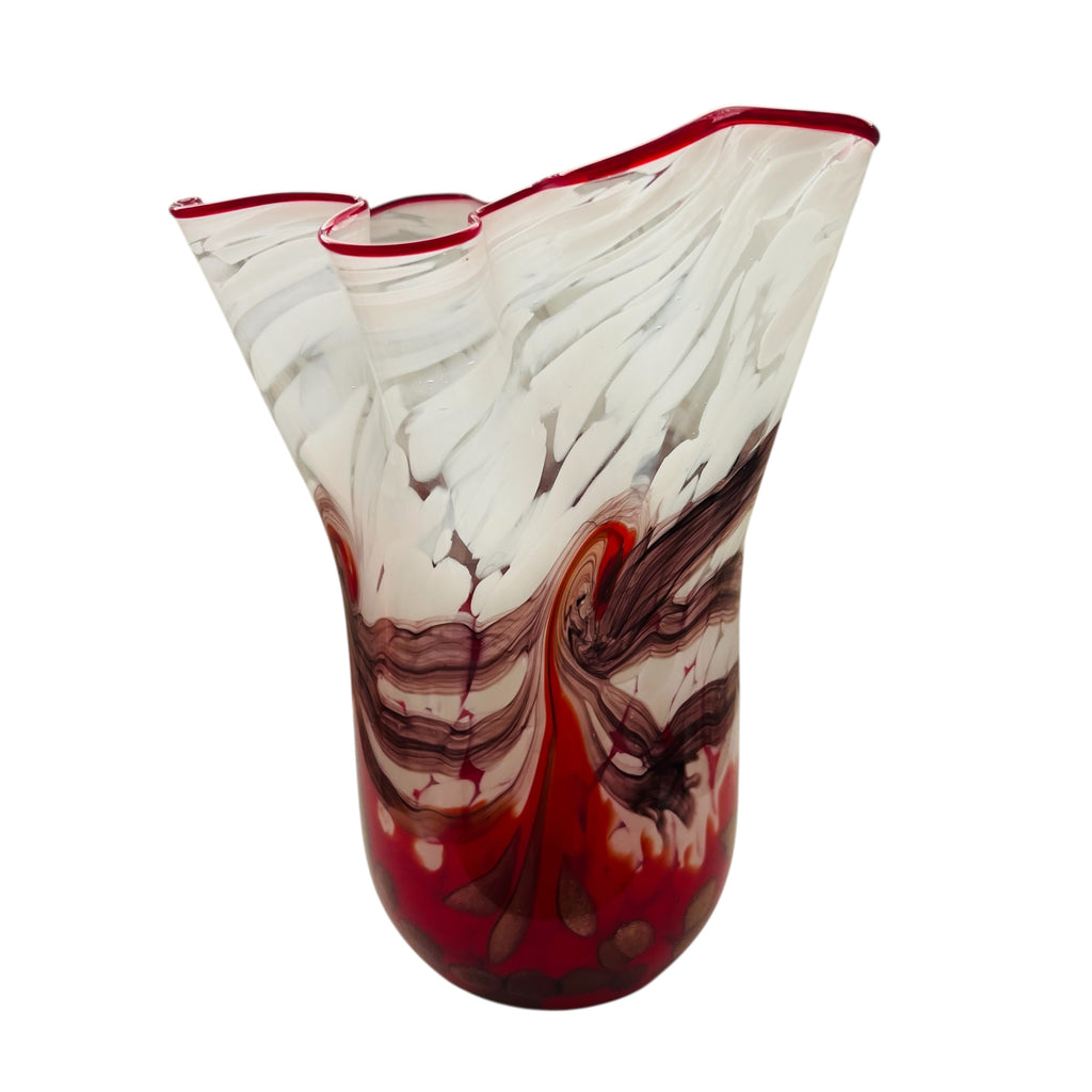 Vintage Art Red Glass Red and White Gold Swirled Ruffle Vase