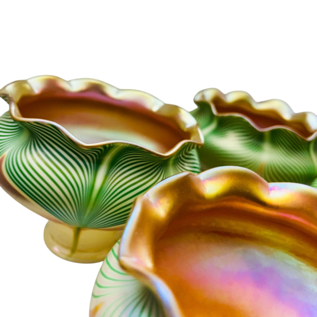 Antique Steuben Decorated Art Glass Shades with Green Feathering Trimmed in Gold Aurene Set of 4