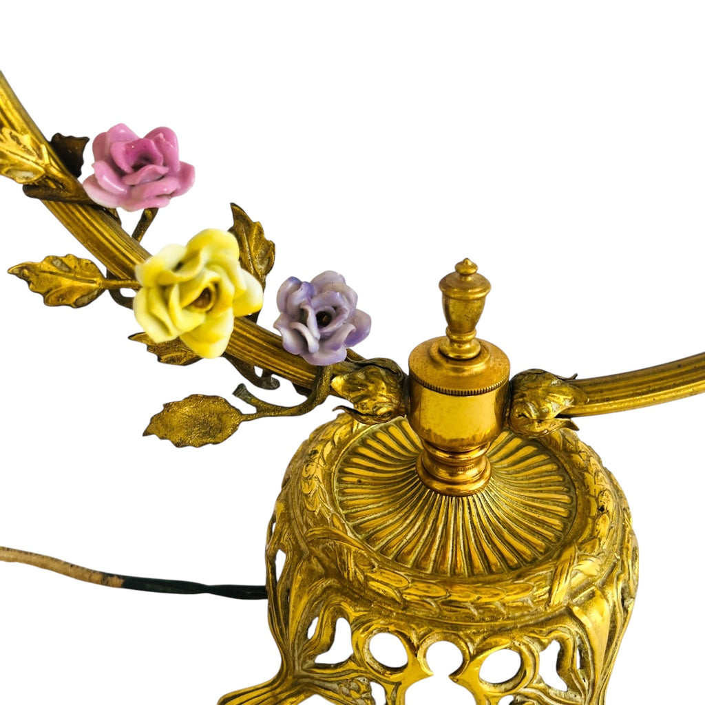 Vintage French Ormolu Porcelain Flowers Tole Toleware Boudoir Gold Circle Lamp