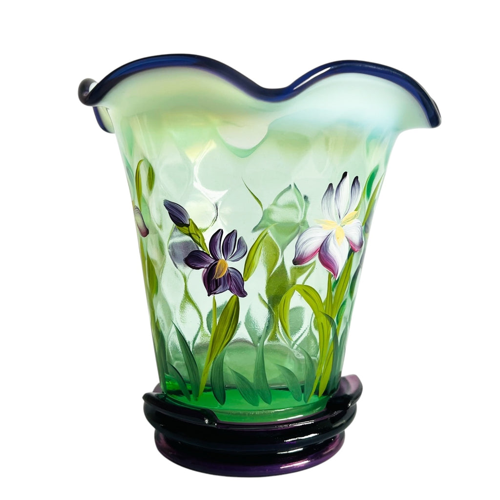 Fenton Hand Painted Floral Flip Vase Opalescent Optic Green Vase with Stand