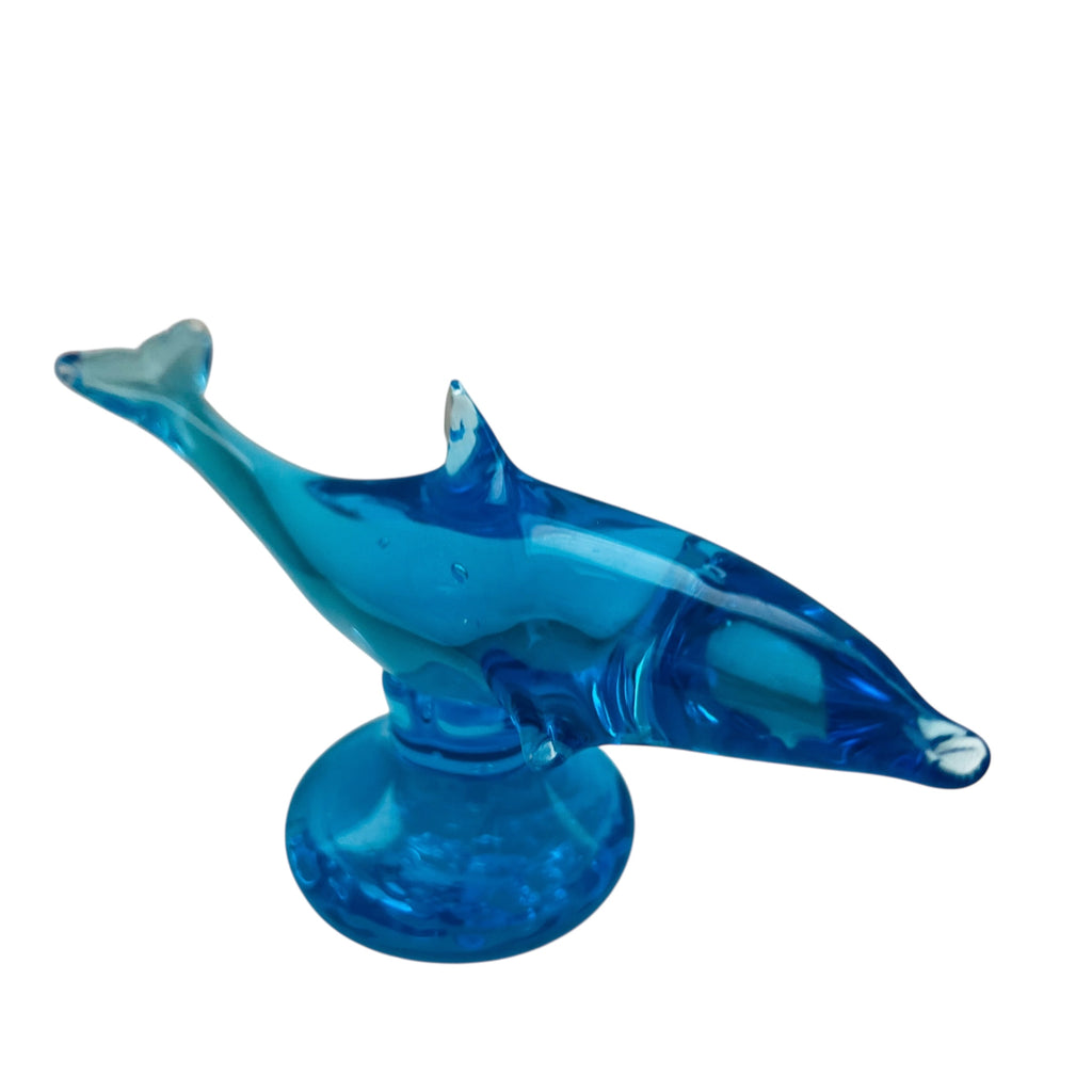 Vintage Ray Ron Blue Art Glass Dolphin Pedestal Figurine