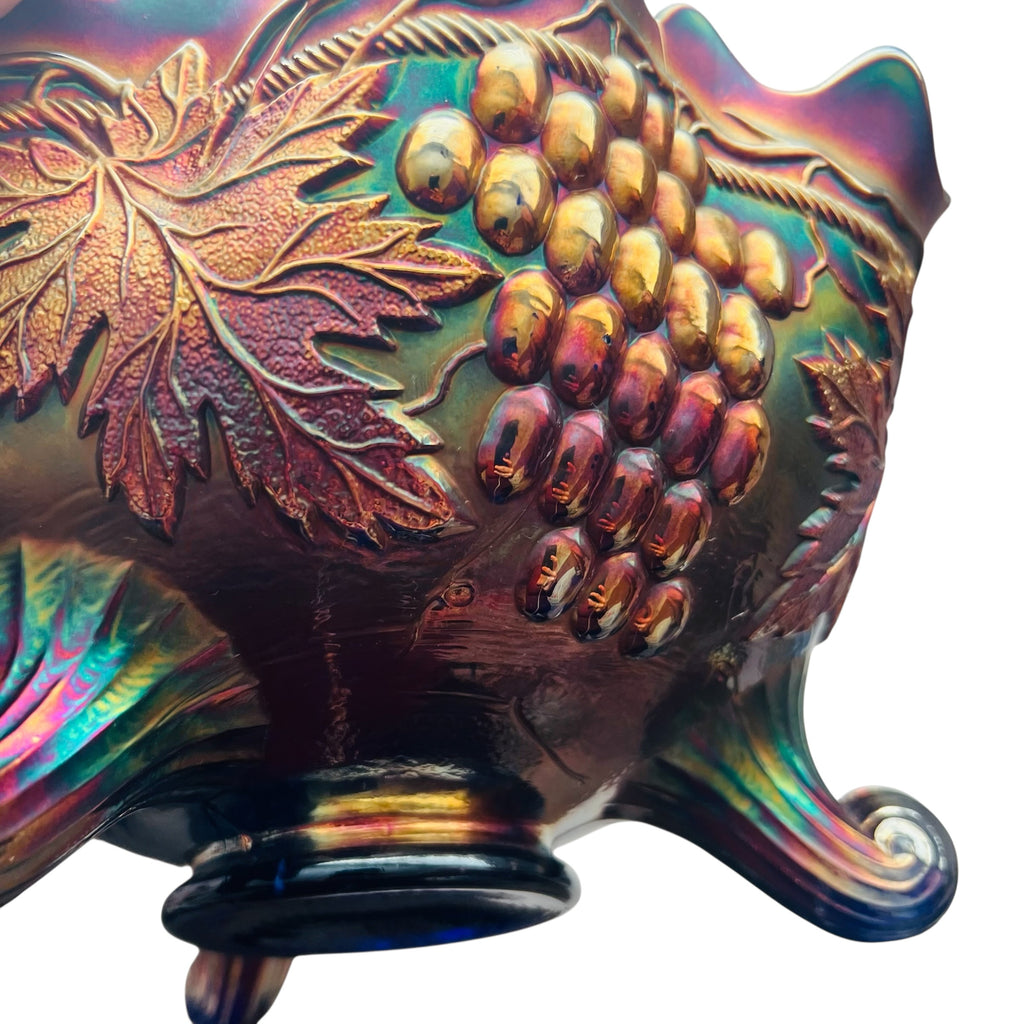 Vintage Carnival Glass Footed Fruit Grape & Cable Pattern Bowl