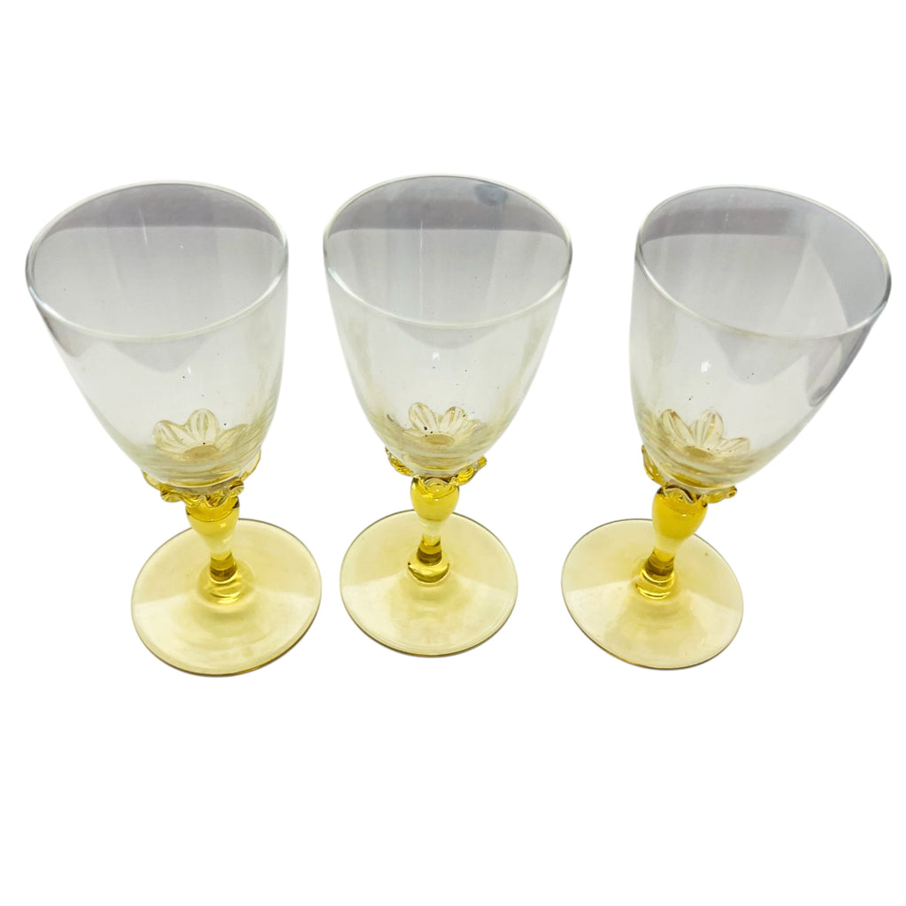 Vintage Amber Yellow Clear Stem Glasses Set of 3