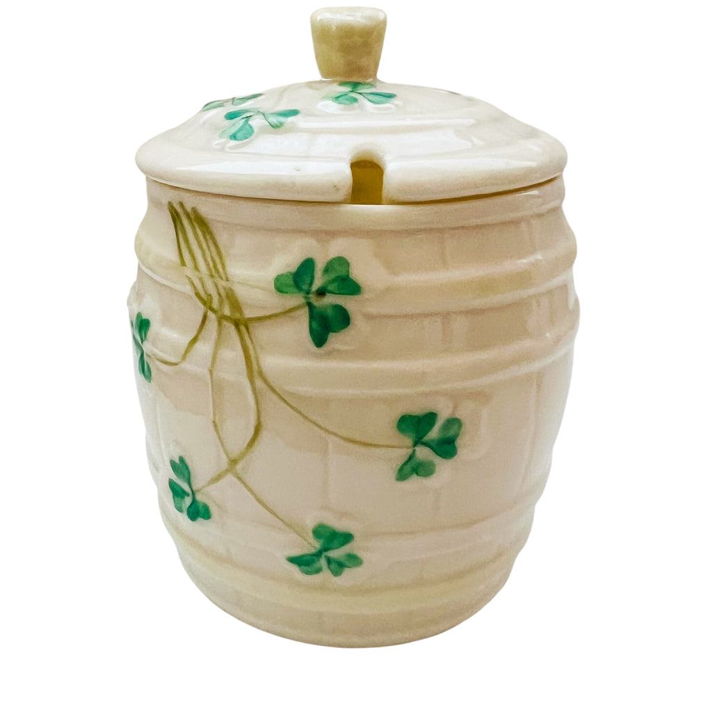 Vintage Belleek Pottery Ireland Shamrock Marmalade & Lid +
Open Salt Cellar Bowl