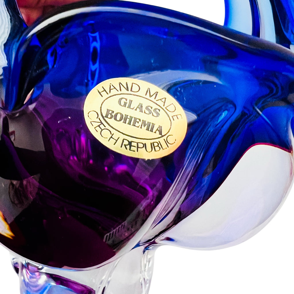 Vintage Czech Republic Art Bohemian Glass Hand Made Basket Bowl