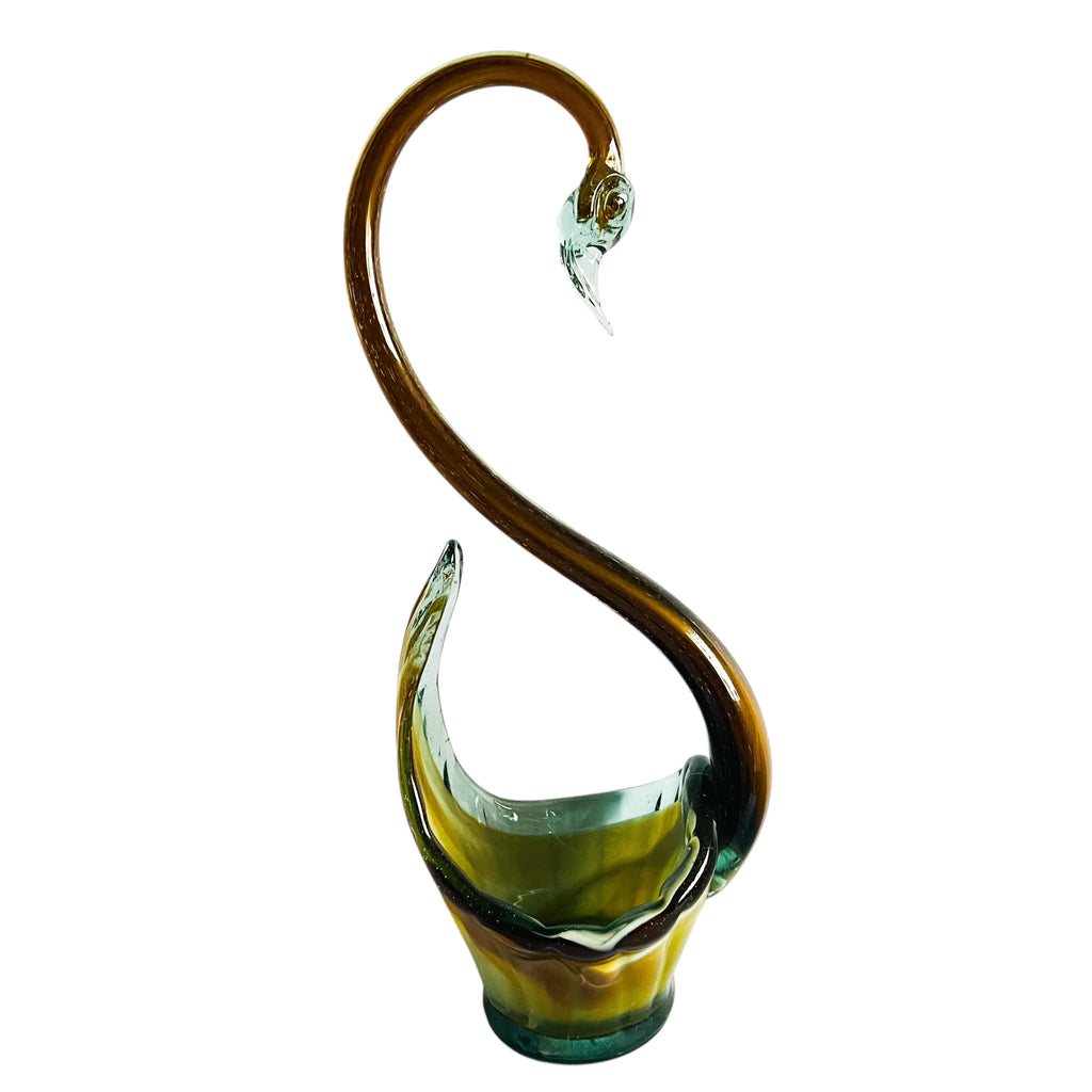 Vintage Glass Swan Basket Tall Hand Blown Green Brown Swirl Art Glass