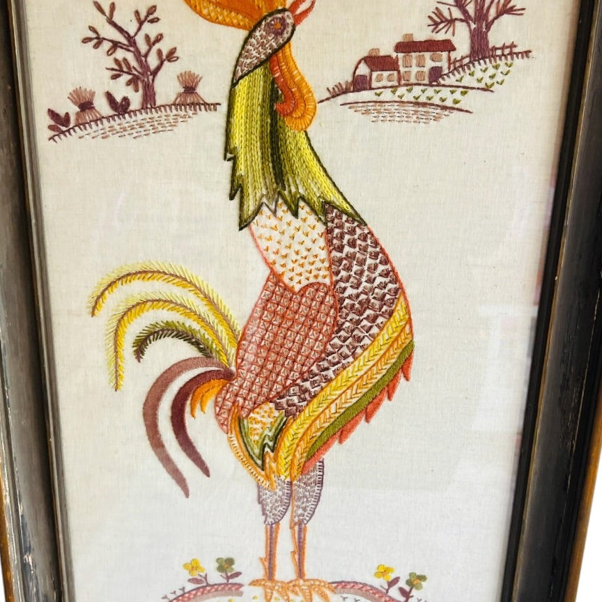 Vintage Embroidery Farmhouse Roosters Wood Frame Wall Hanging