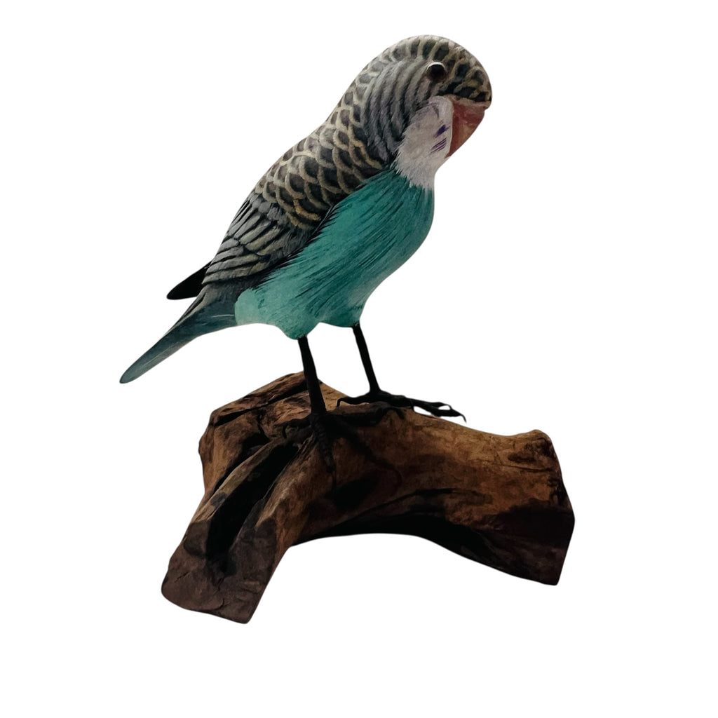 Vintage Hand Painted Parakeet With Wooden Base Bird Figurine