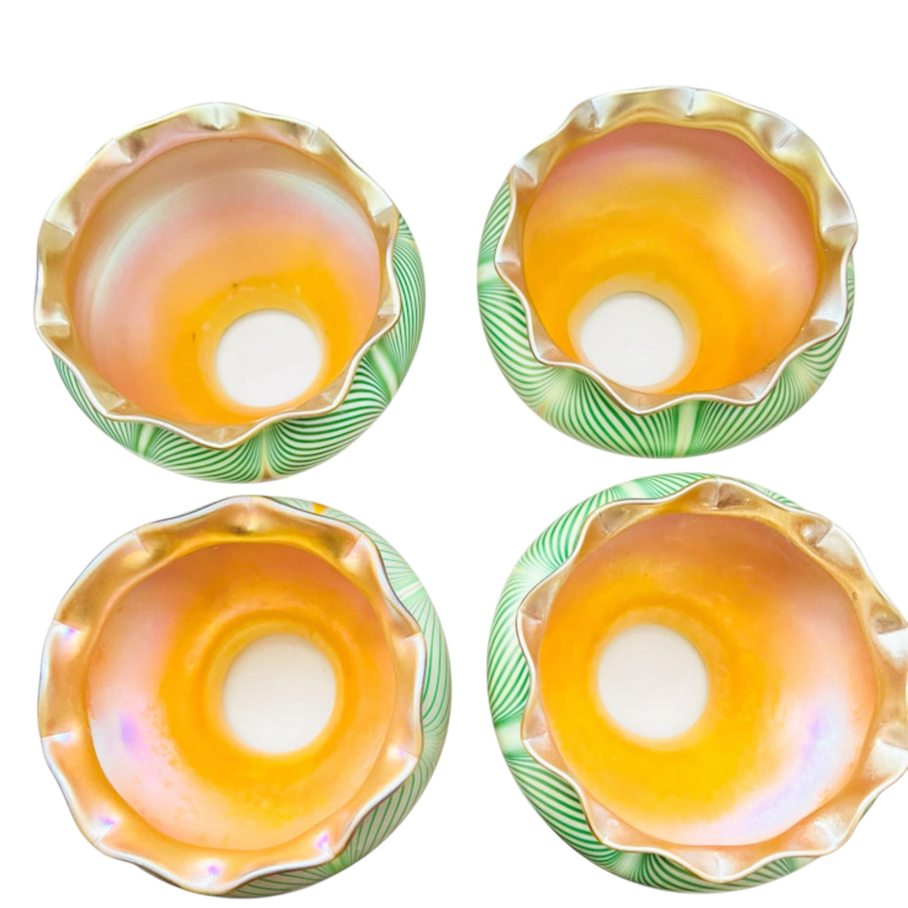 Antique Steuben Decorated Art Glass Shades with Green Feathering Trimmed in Gold Aurene Set of 4