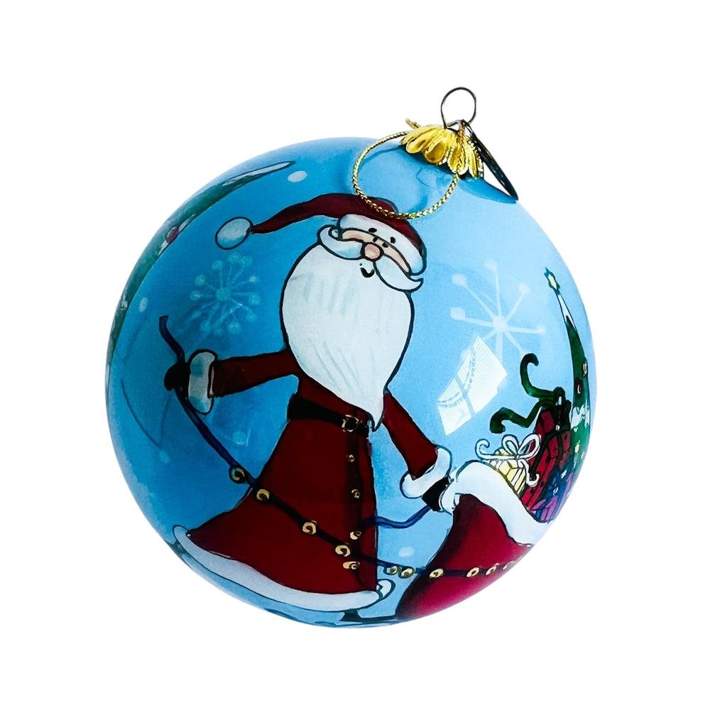 Pier 1 Christmas Hand Painted Glass Santa Sleigh Snowman Trees 2016 Ornament