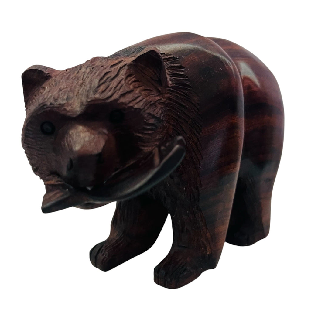 Ironwood Bear Hand Carved with Fish Figurine