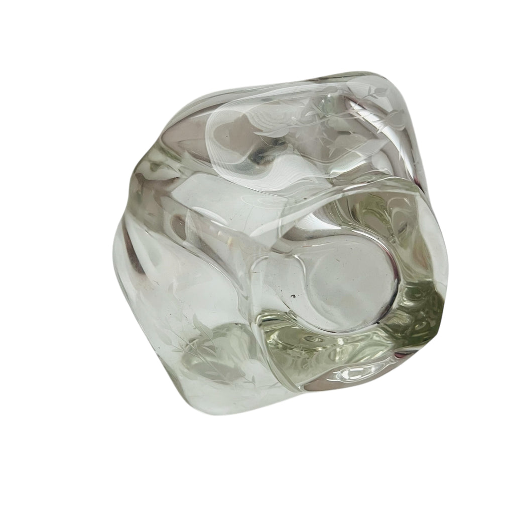 Vintage Clear Art Glass Basket Vase Hand Blown Glass Split Handle