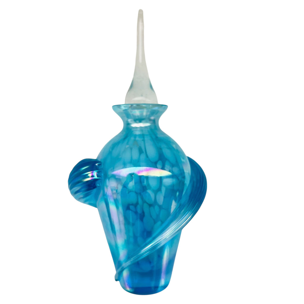 Vintage Blue Glass Iridescent Perfume Bottle Swirls w/ Glass Stopper