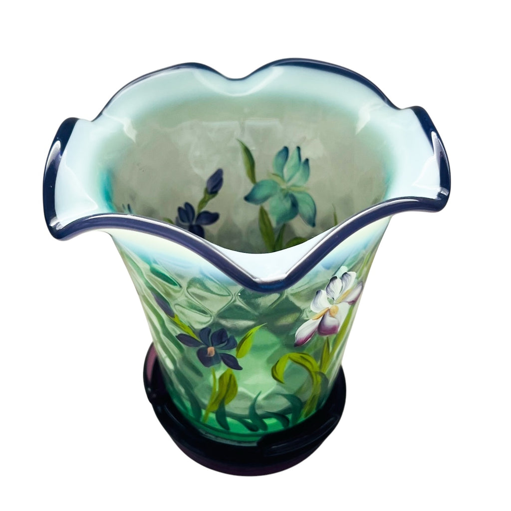 Fenton Hand Painted Floral Flip Vase Opalescent Optic Green Vase with Stand