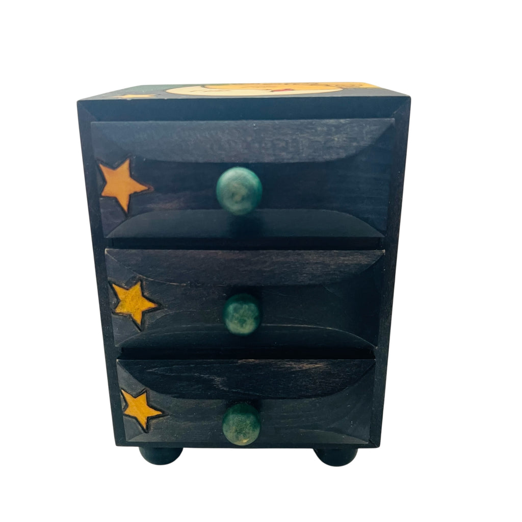 Vintage Sun Moon & Stars Wood Jewelry Trinket Box